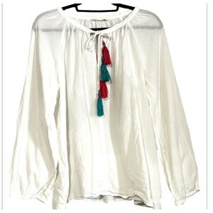 Johnny Was Double Tassel Blouse Womens Size Large Peasant White Boho